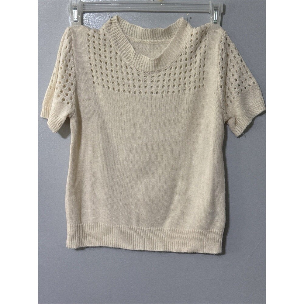 SHEIN Cream Pointelle Knit Sweater Top Short Sleeve Open Knit Yoke 100% Acrylic